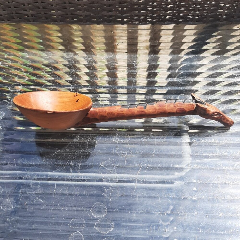 Vintage, Large Hand Carved Wood Giraffe-Themed Ladle,  Spoon 12.5"